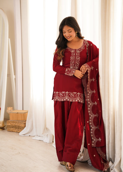 Maroon Roman Silk Salwar Suit Party Wear for Women
