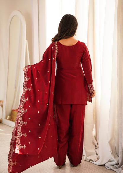 Maroon Roman Silk Salwar Suit Party Wear for Women