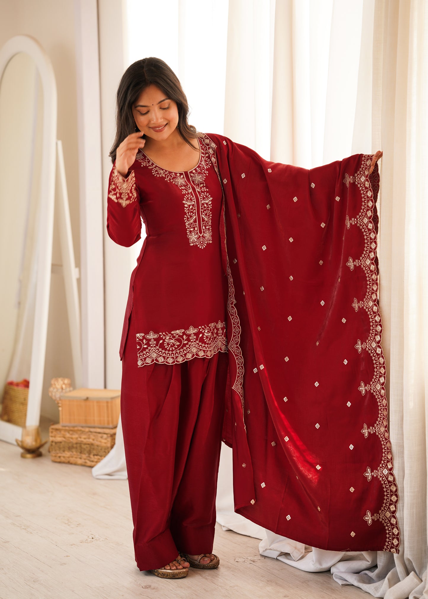 Maroon Roman Silk Salwar Suit Party Wear for Women
