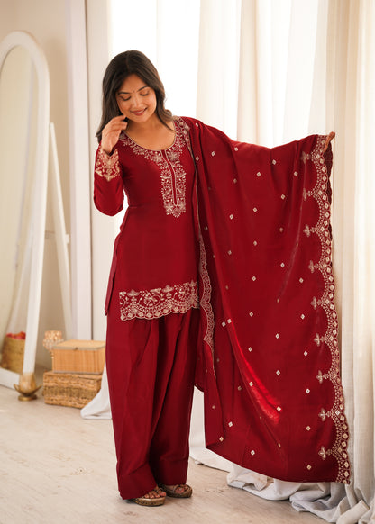 Maroon Roman Silk Salwar Suit Party Wear for Women