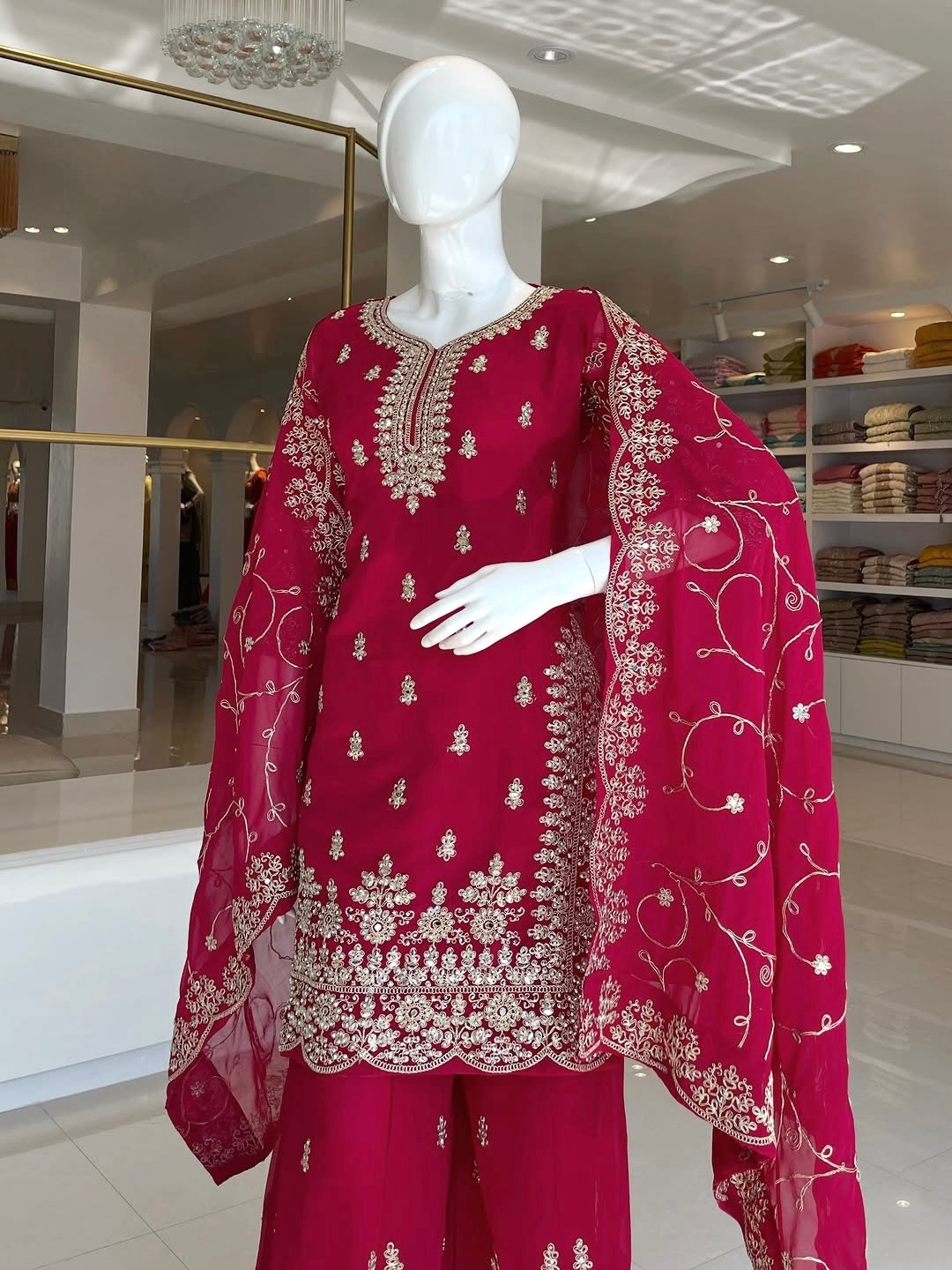 Pink Embroidered Kurta Palazzo Set with Dupatta
