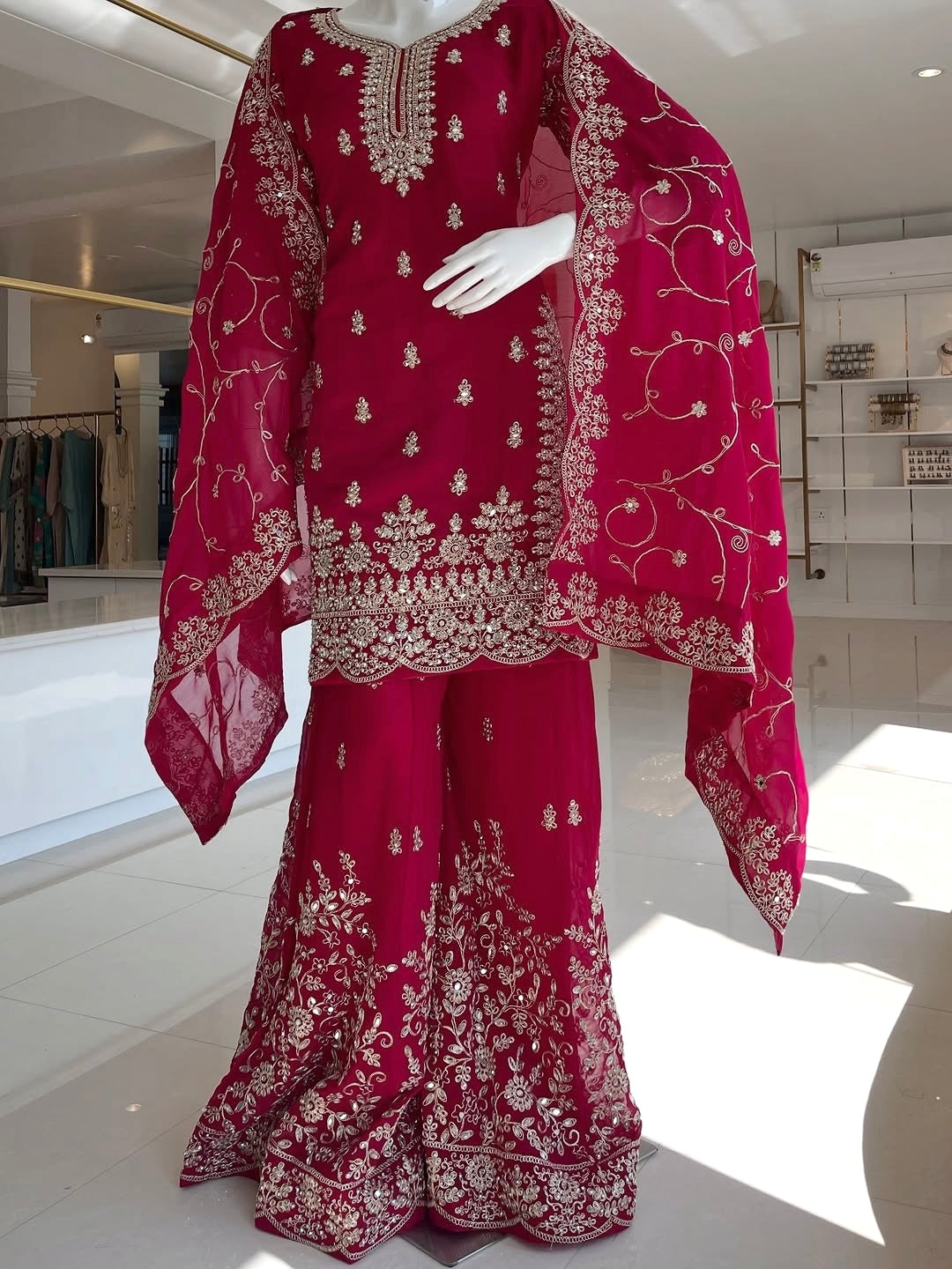 Pink Embroidered Kurta Palazzo Set with Dupatta