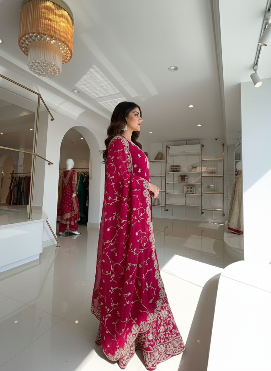 Pink Embroidered Kurta Palazzo Set with Dupatta