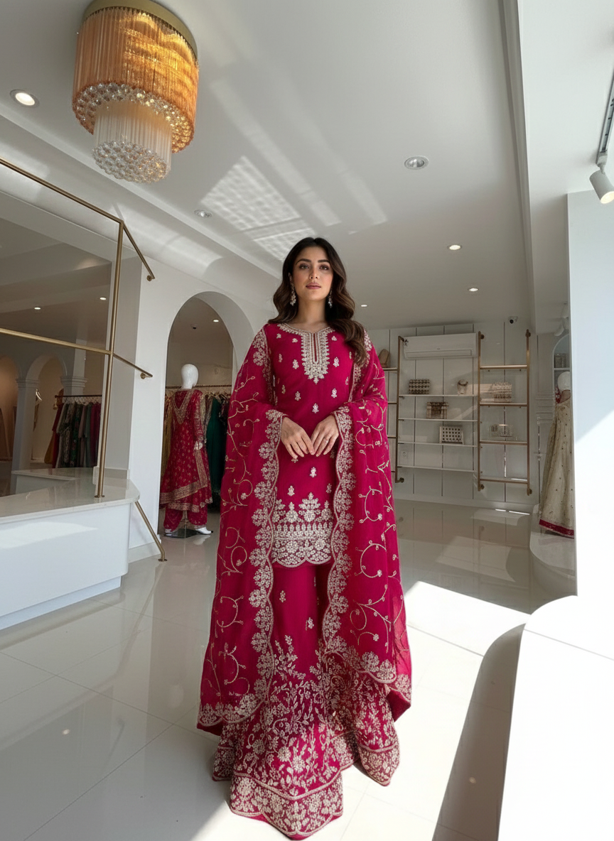 Pink Embroidered Kurta Palazzo Set with Dupatta