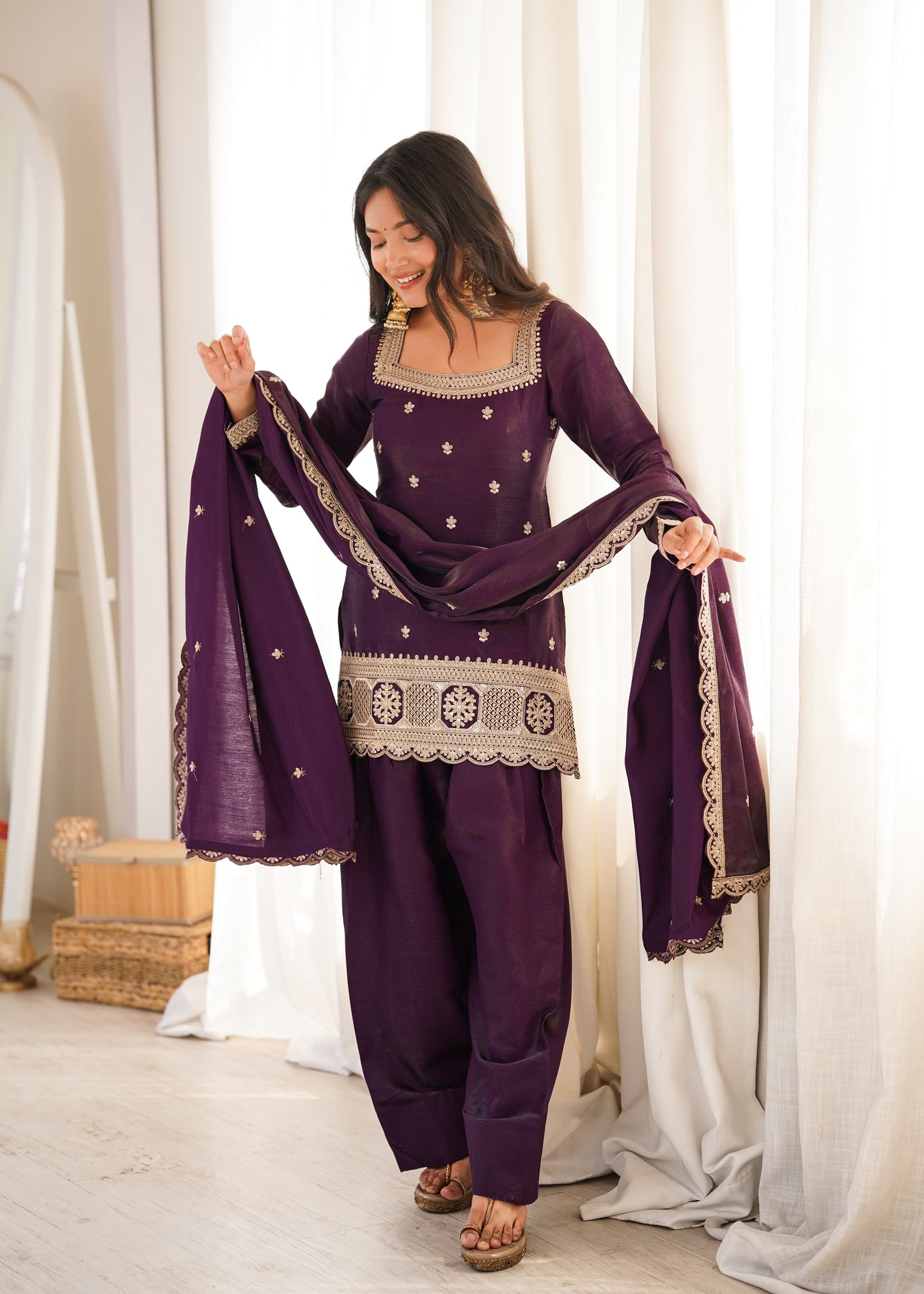 Wine Silk Kurta Palazzo Set with Dupatta