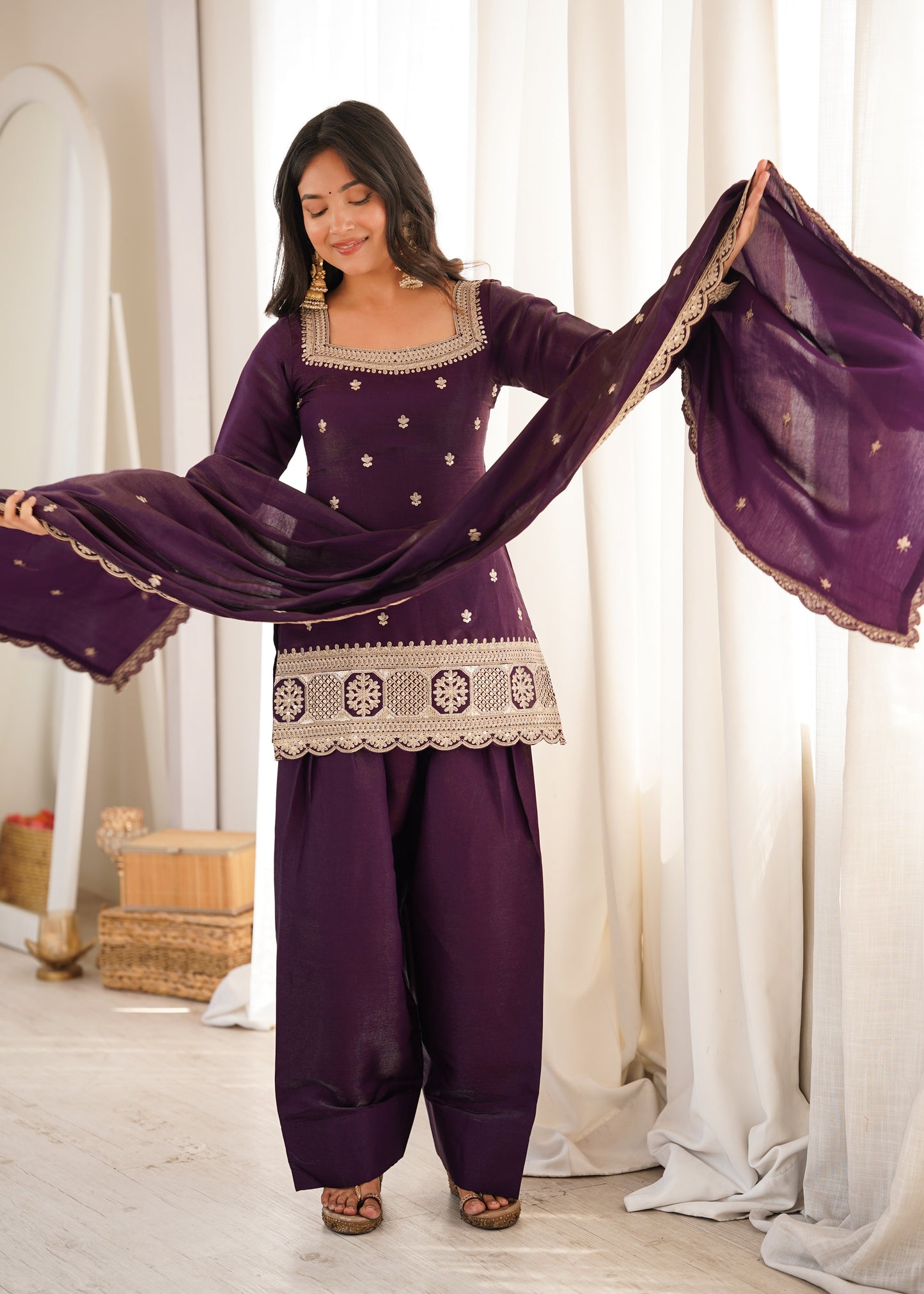 Wine Silk Kurta Palazzo Set with Dupatta