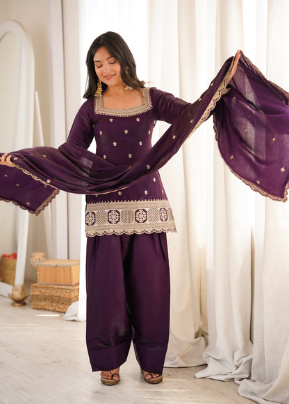 Wine Silk Kurta Palazzo Set with Dupatta