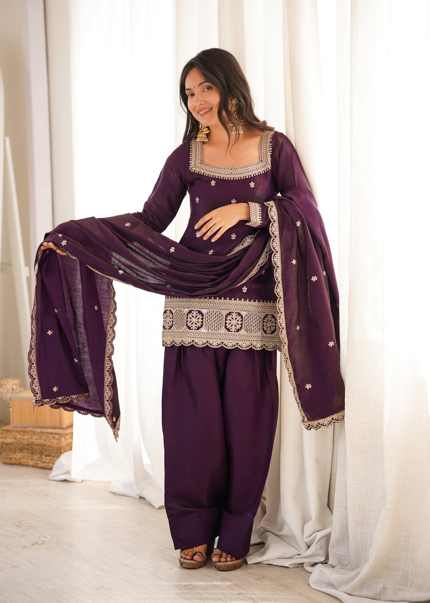 Wine Silk Kurta Palazzo Set with Dupatta
