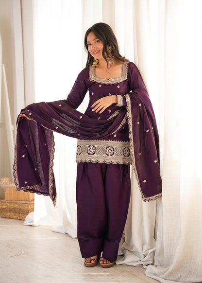Wine Silk Kurta Palazzo Set with Dupatta
