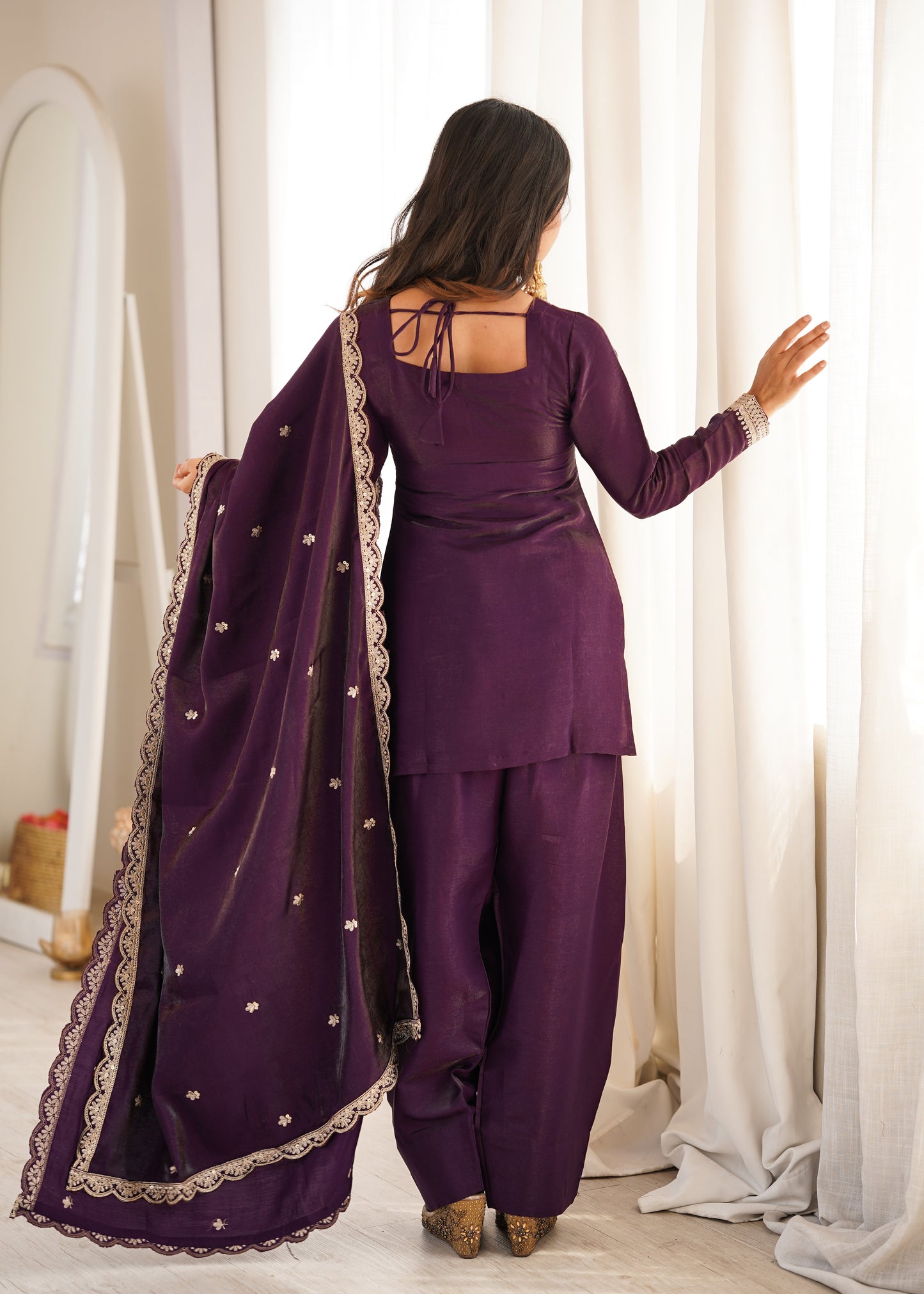 Wine Silk Kurta Palazzo Set with Dupatta