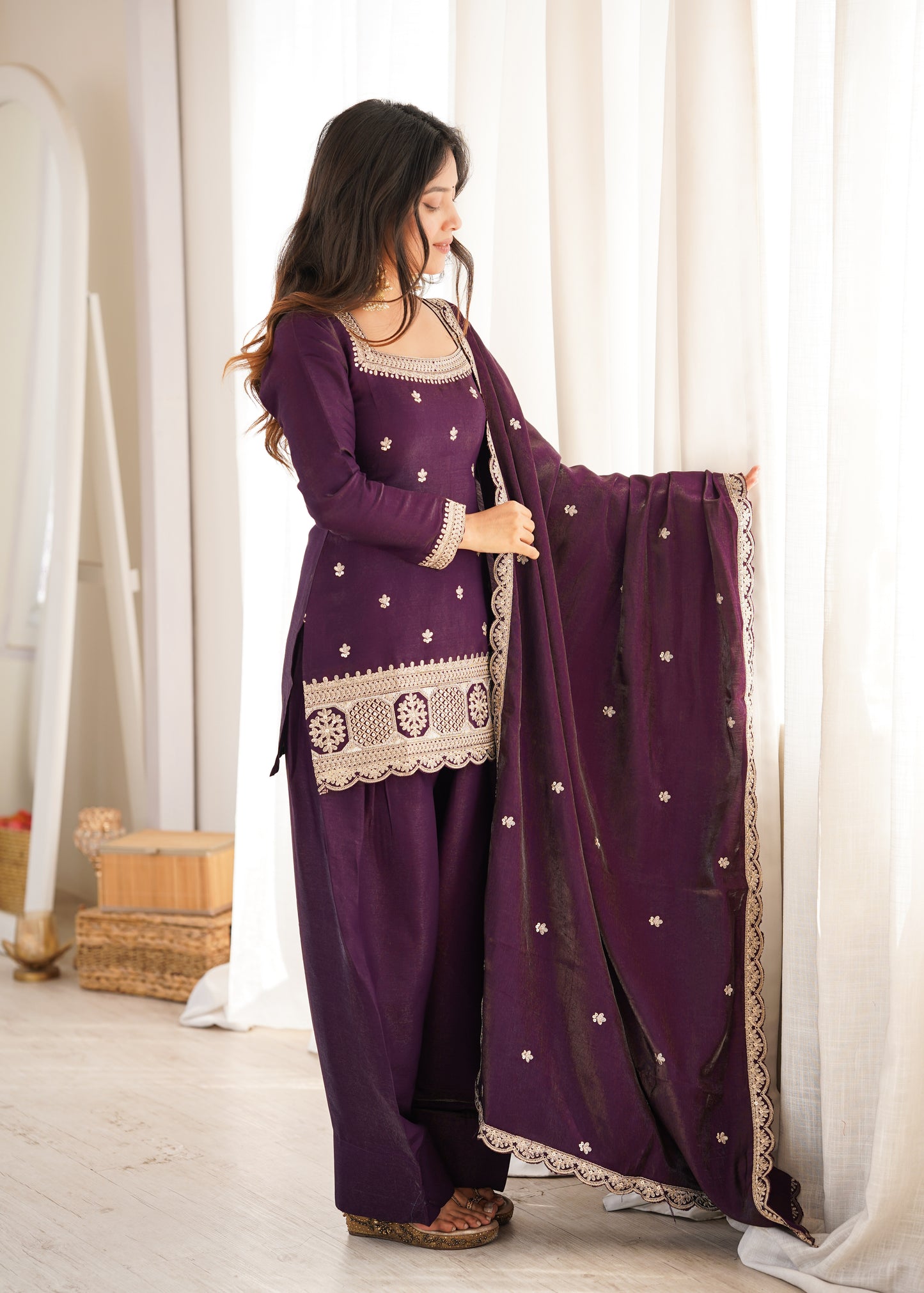 Wine Silk Kurta Palazzo Set with Dupatta