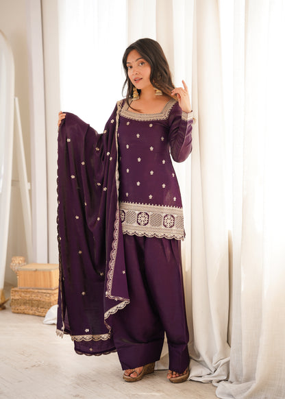Wine Silk Kurta Palazzo Set with Dupatta