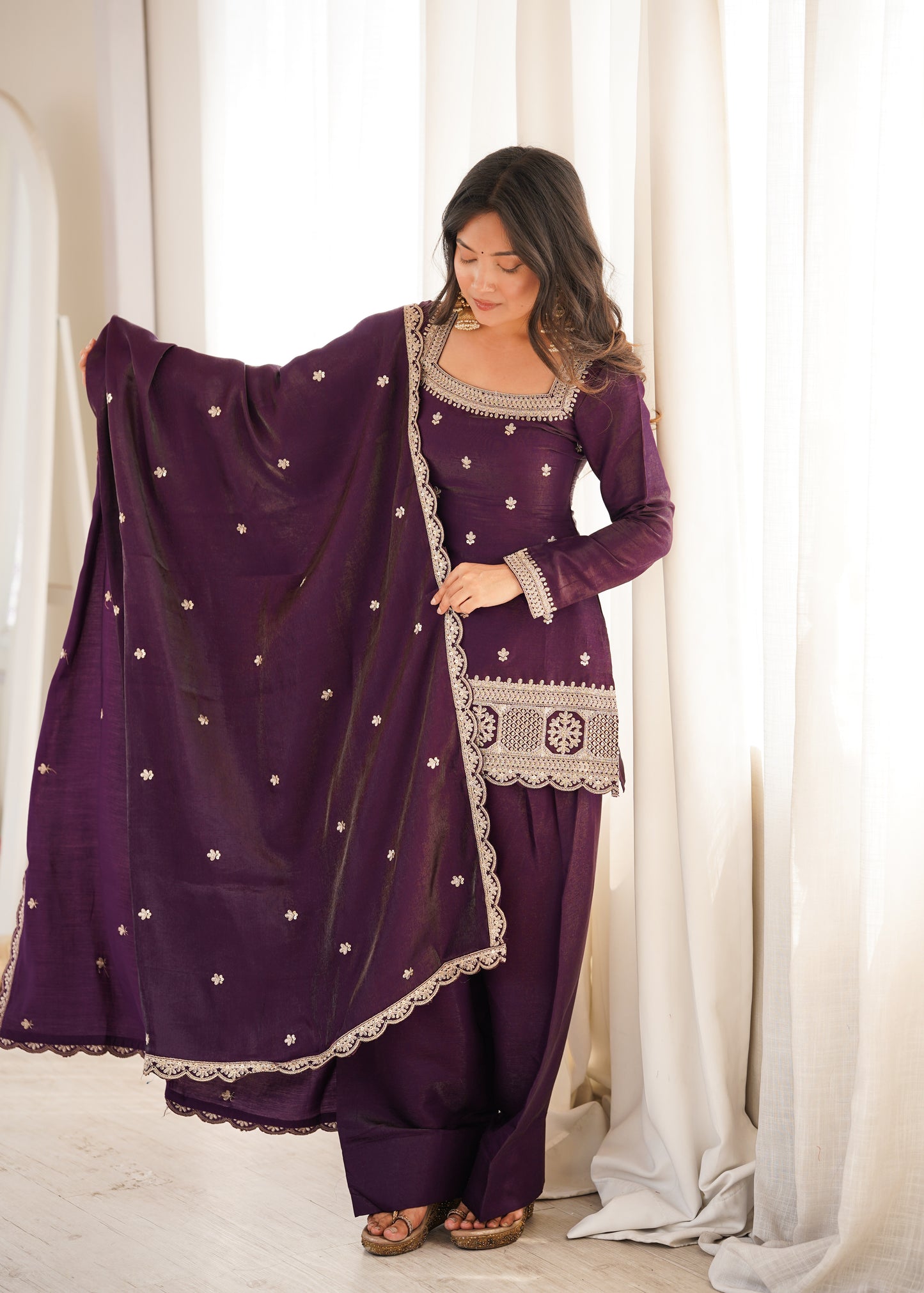 Wine Silk Kurta Palazzo Set with Dupatta
