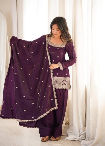 Wine Silk Kurta Palazzo Set with Dupatta