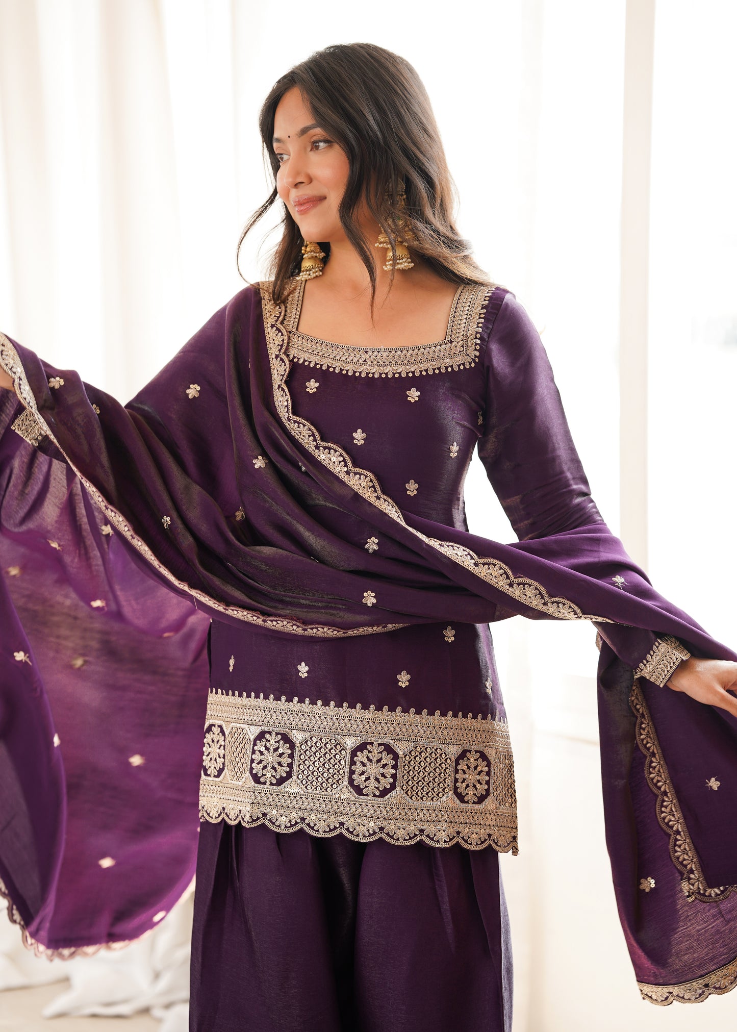 Wine Silk Kurta Palazzo Set with Dupatta