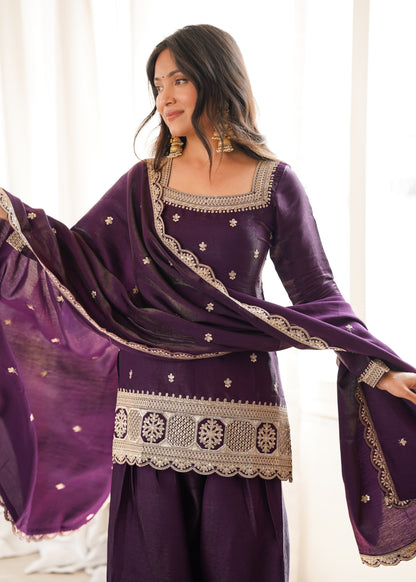 Wine Silk Kurta Palazzo Set with Dupatta