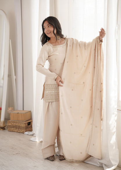 Cream Glass Roman Silk Embroidered Kurta Farshi Shalwar Set
