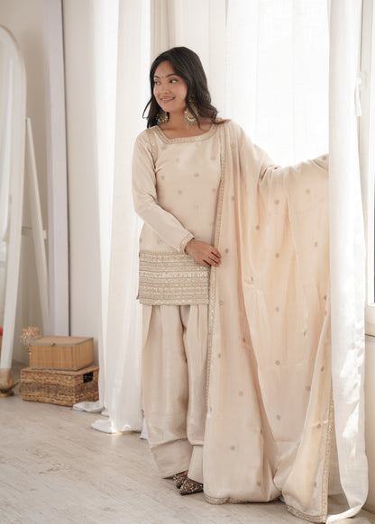 Cream Glass Roman Silk Embroidered Kurta Farshi Shalwar Set