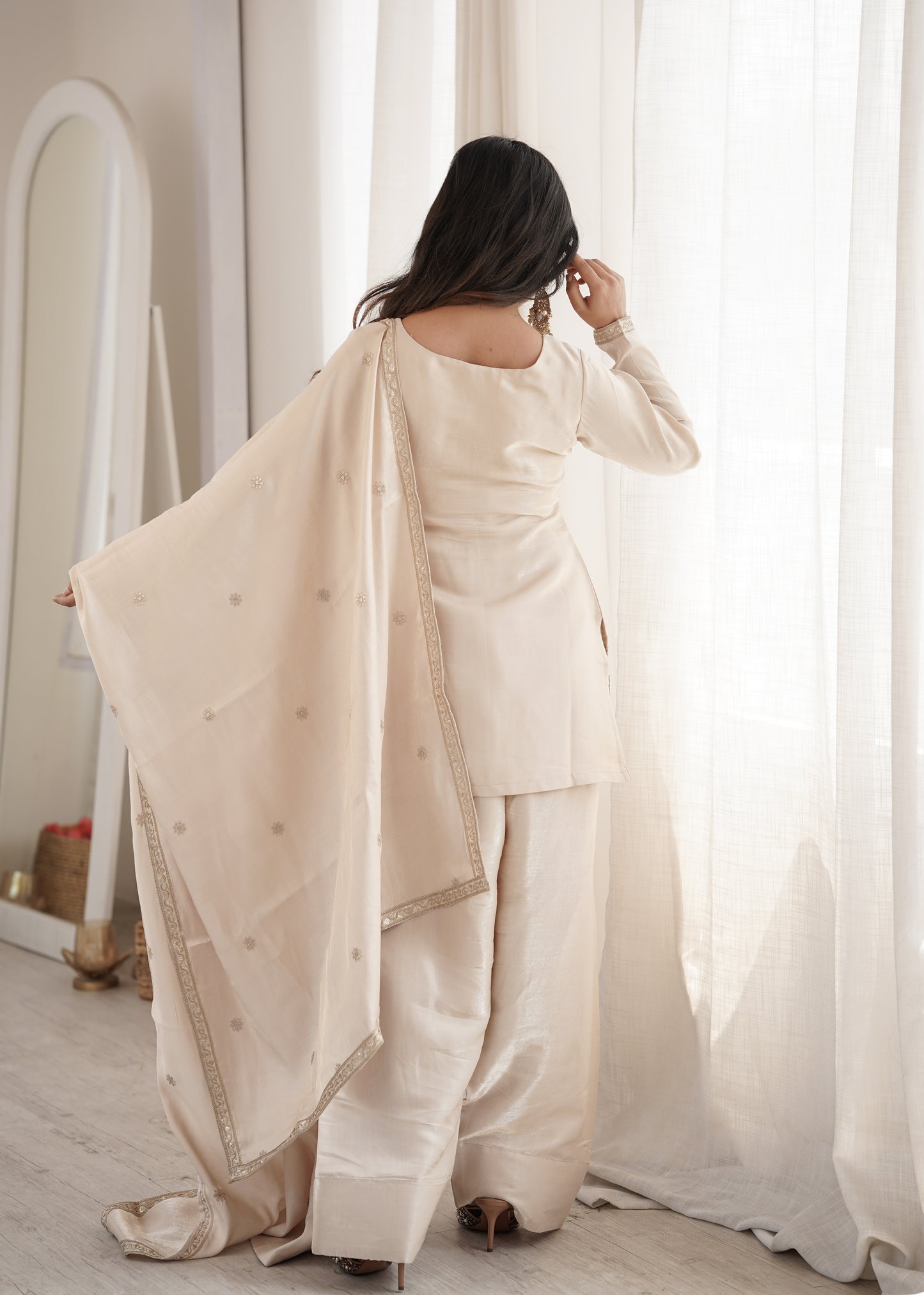 Cream Glass Roman Silk Embroidered Kurta Farshi Shalwar Set