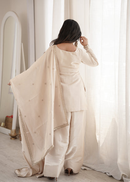 Cream Glass Roman Silk Embroidered Kurta Farshi Shalwar Set