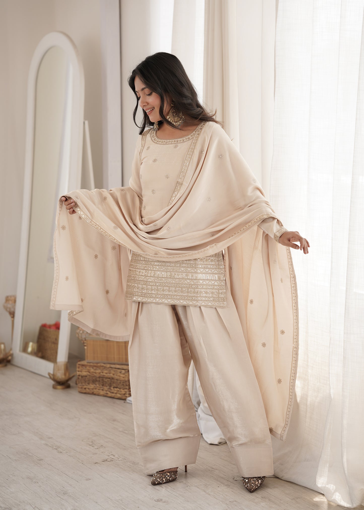 Cream Glass Roman Silk Embroidered Kurta Farshi Shalwar Set