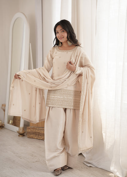 Cream Glass Roman Silk Embroidered Kurta Farshi Shalwar Set