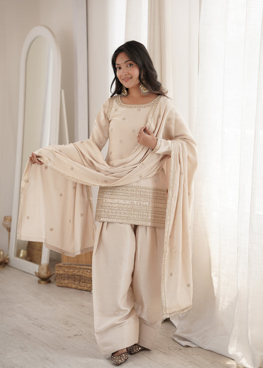 Cream Glass Roman Silk Embroidered Kurta Farshi Shalwar Set
