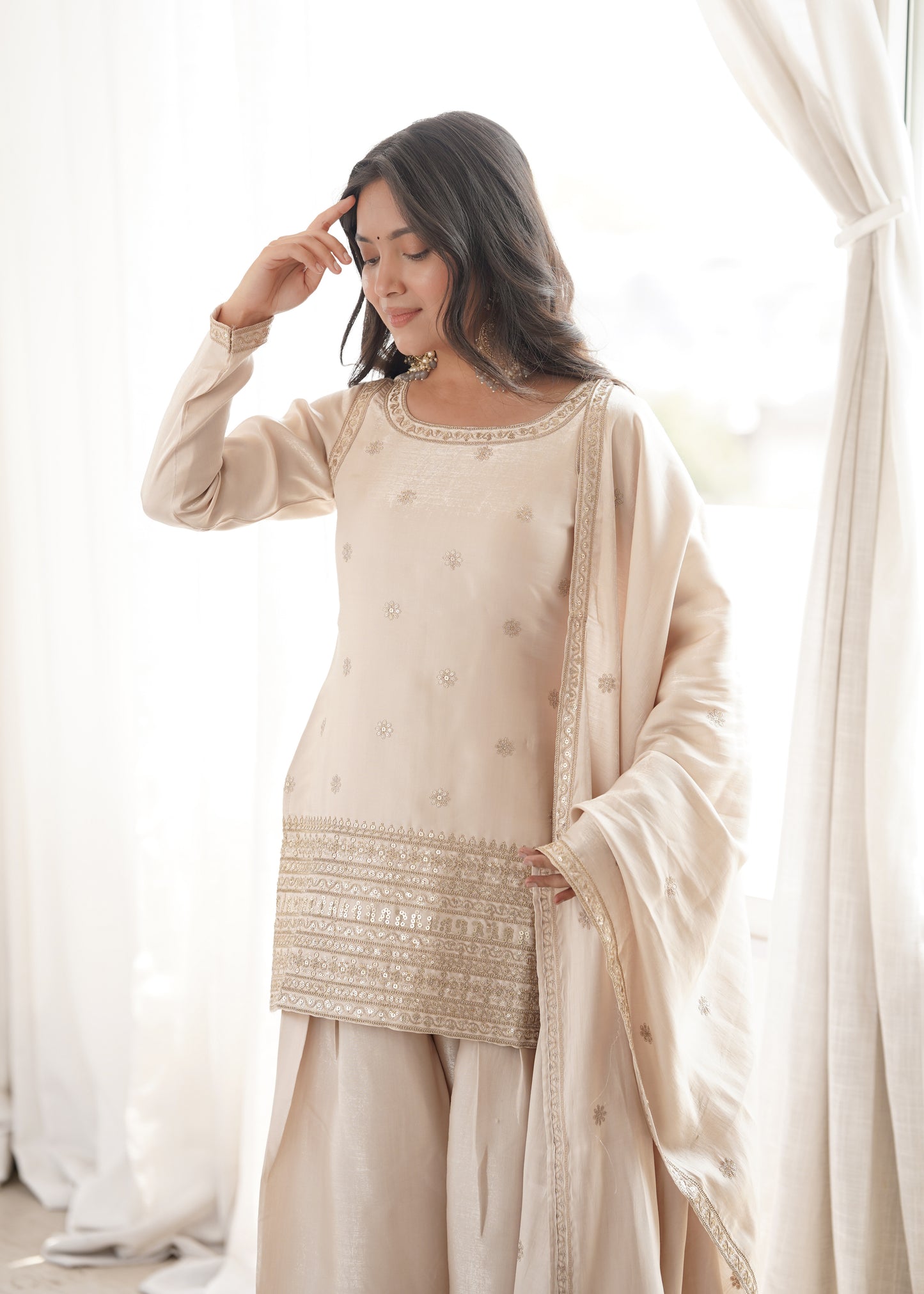 Cream Glass Roman Silk Embroidered Kurta Farshi Shalwar Set