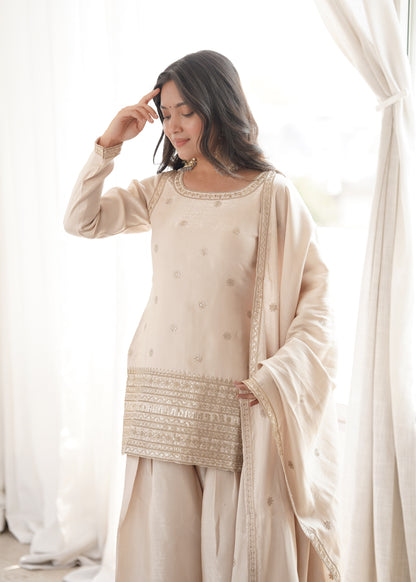 Cream Glass Roman Silk Embroidered Kurta Farshi Shalwar Set