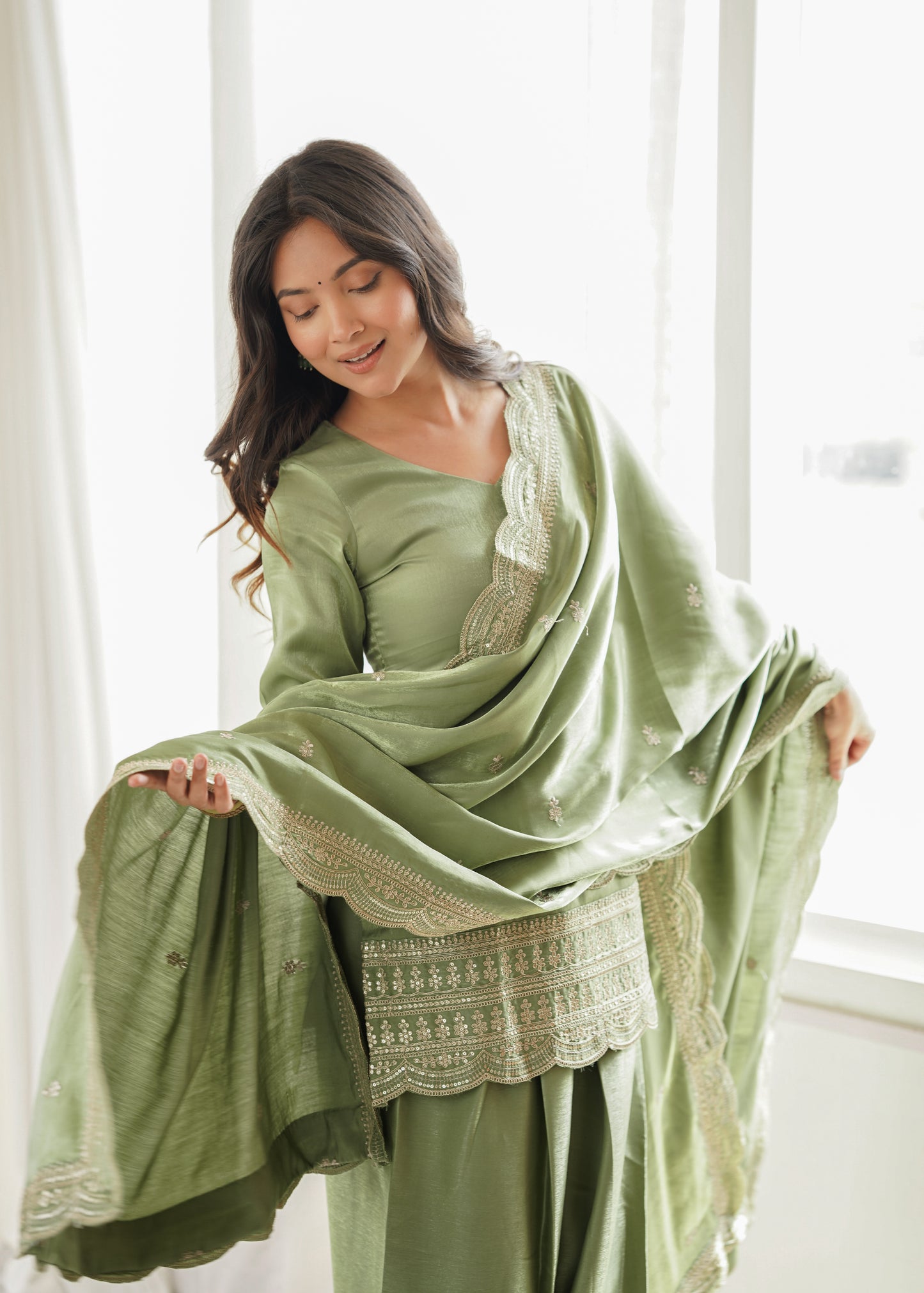 Pista Green Glass Roman Silk Pakistani Suit for Women