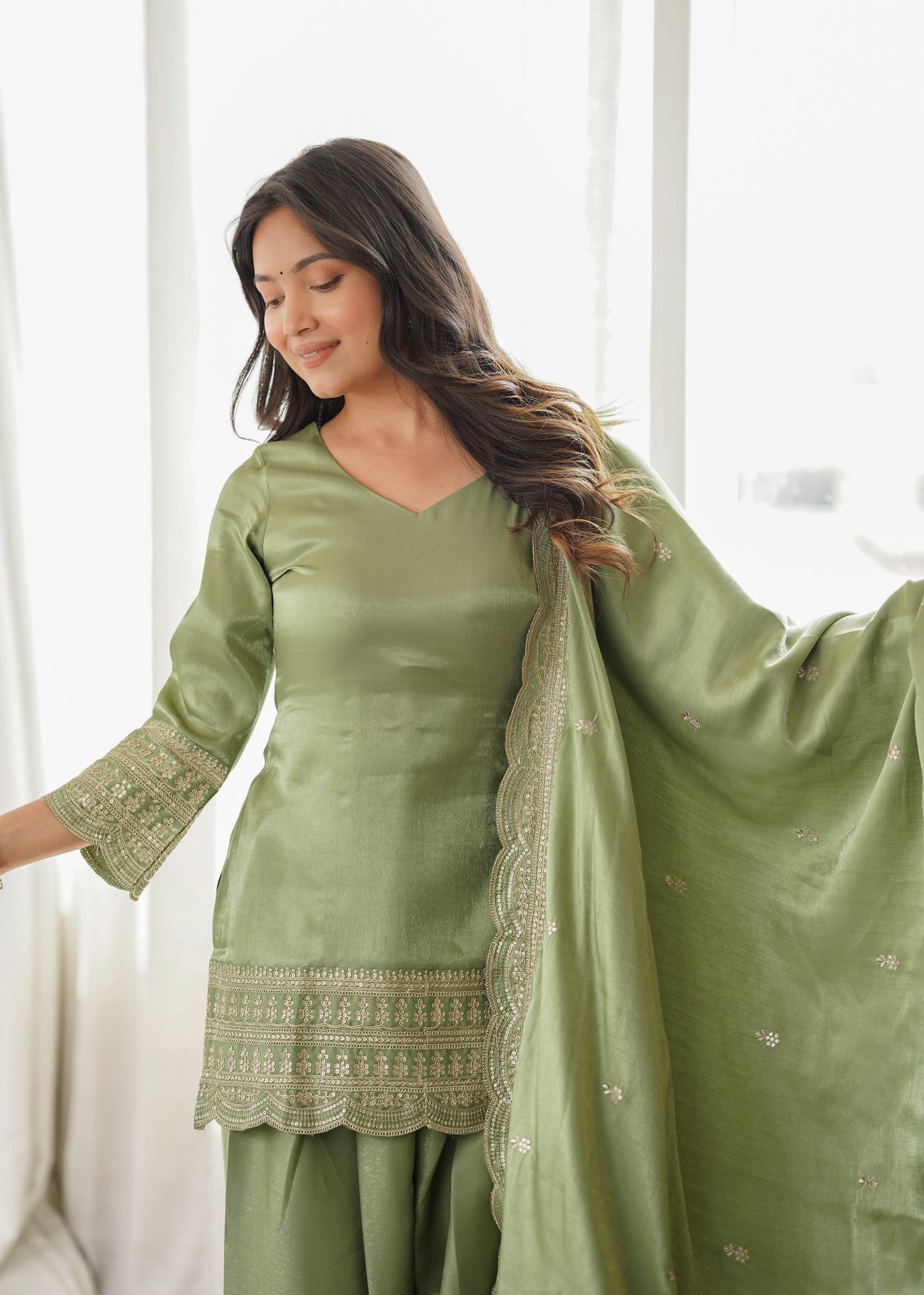 Pista Green Glass Roman Silk Pakistani Suit for Women
