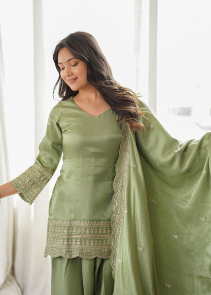 Pista Green Glass Roman Silk Pakistani Suit for Women