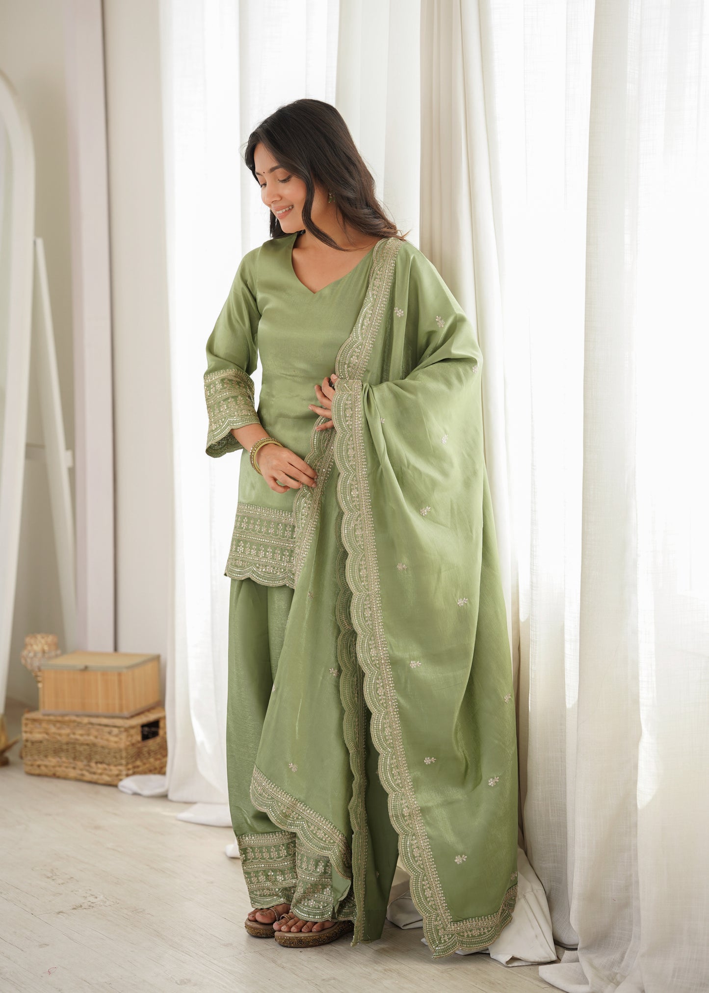 Pista Green Glass Roman Silk Pakistani Suit for Women