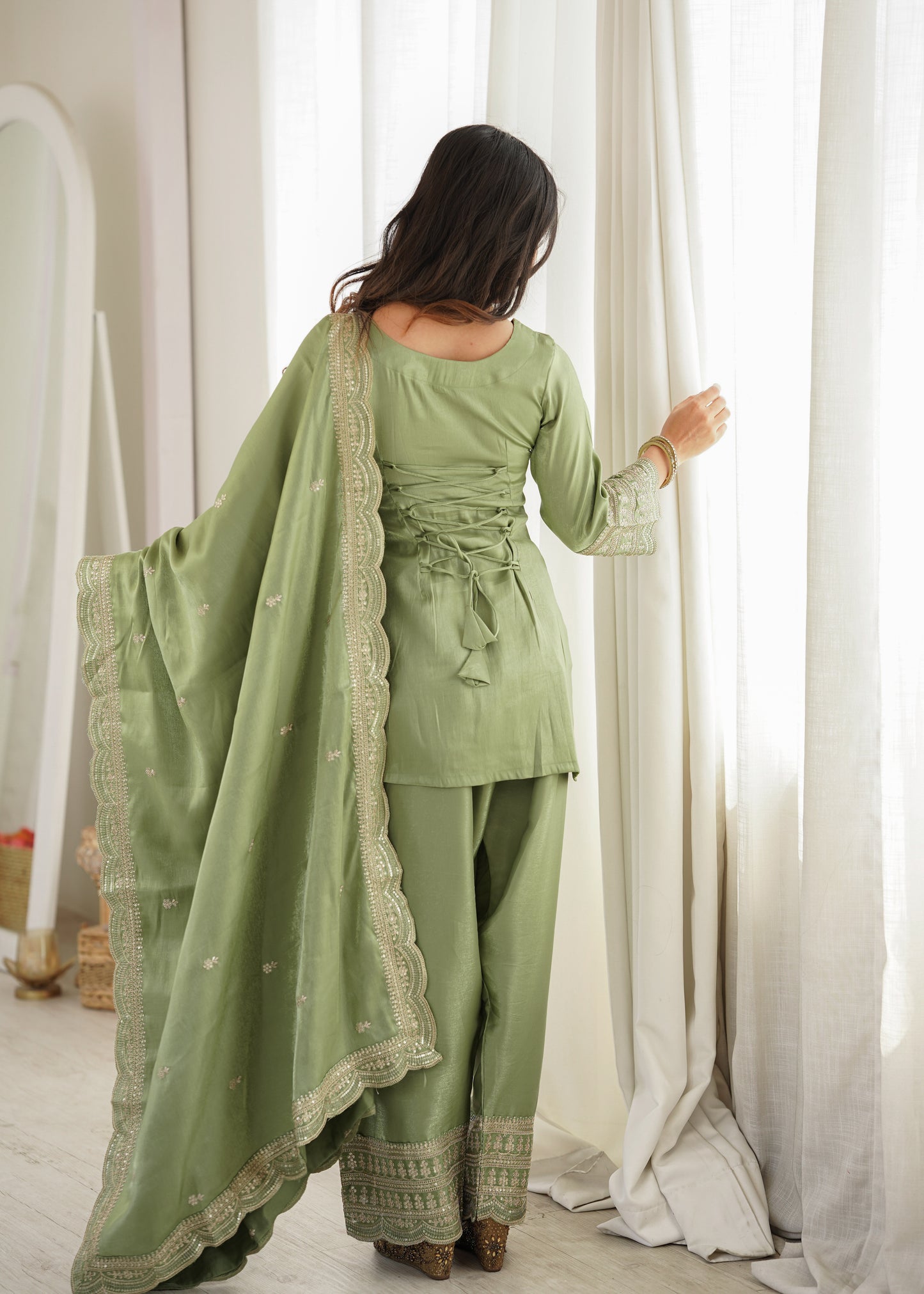 Pista Green Glass Roman Silk Pakistani Suit for Women