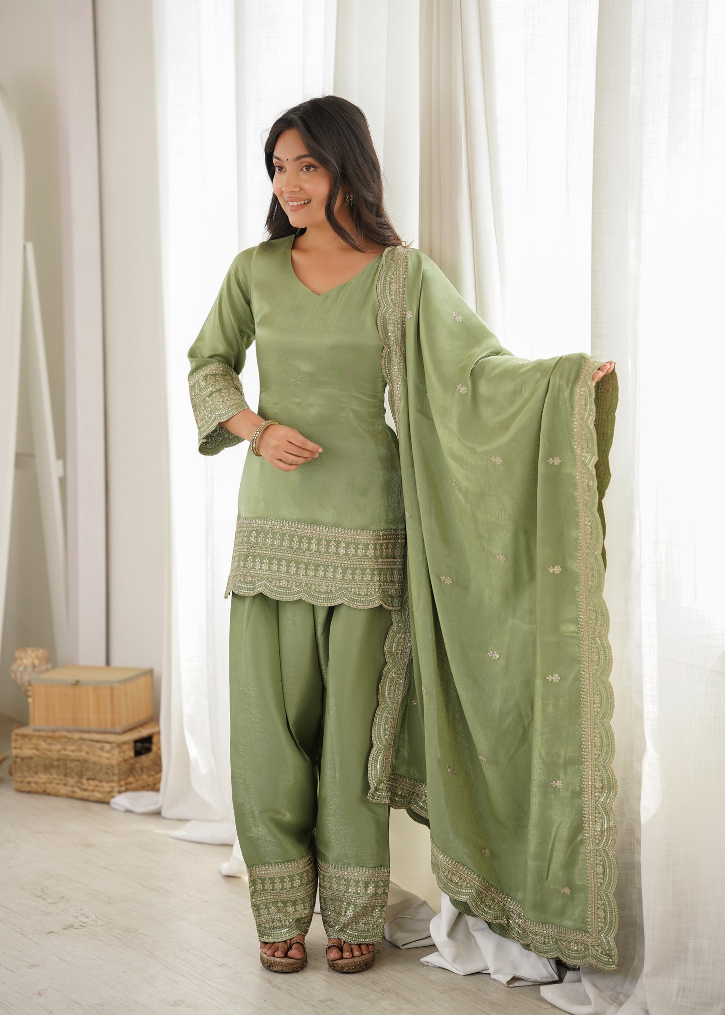 Pista Green Glass Roman Silk Pakistani Suit for Women