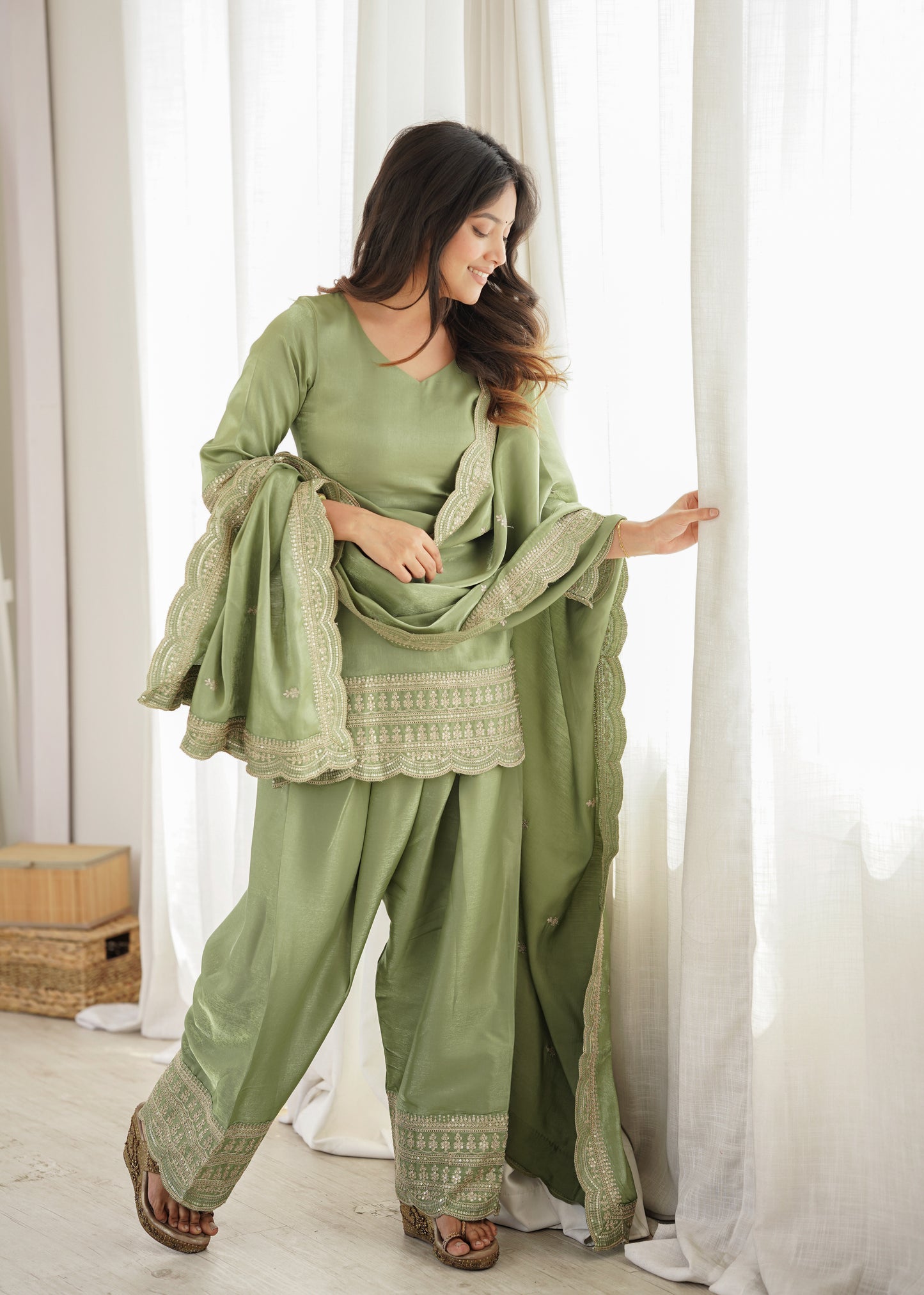 Pista Green Glass Roman Silk Pakistani Suit for Women