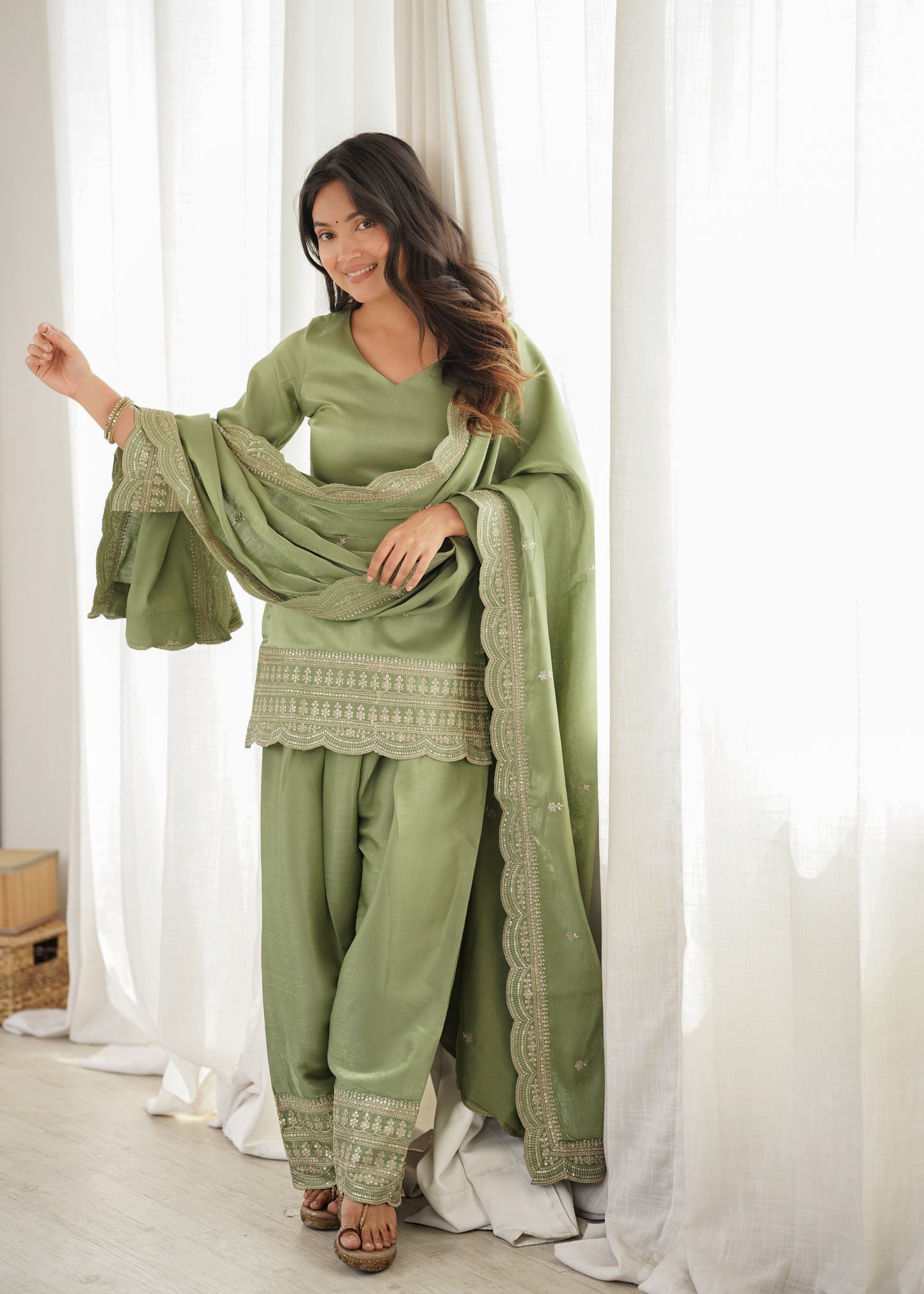 Pista Green Glass Roman Silk Pakistani Suit for Women