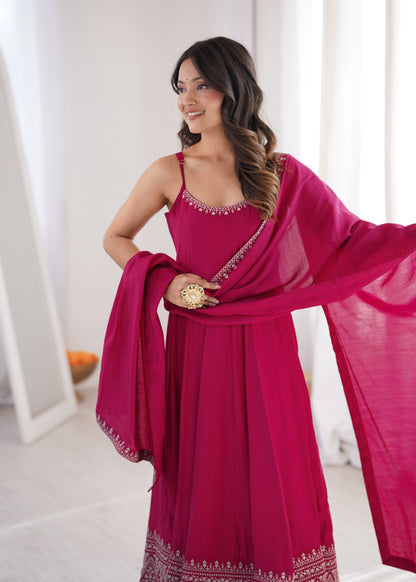 Pink Romansilk Chanderi Anarkali Suit for Women with Dupatta Set