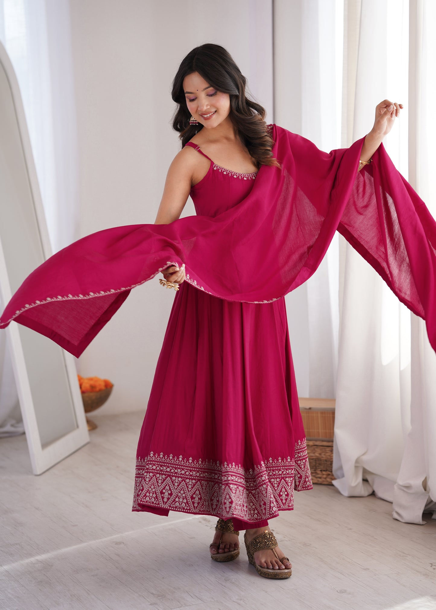 Pink Romansilk Chanderi Anarkali Suit for Women with Dupatta Set