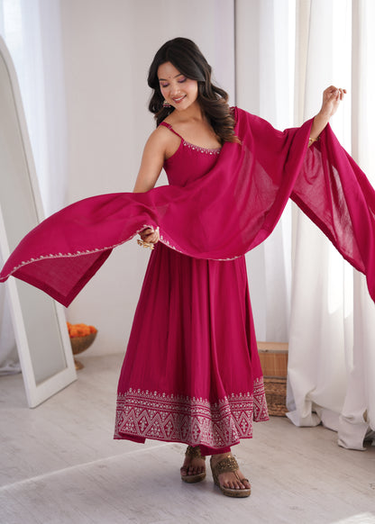 Pink Romansilk Chanderi Anarkali Suit for Women with Dupatta Set