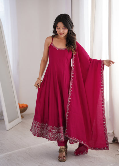 Pink Romansilk Chanderi Anarkali Suit for Women with Dupatta Set