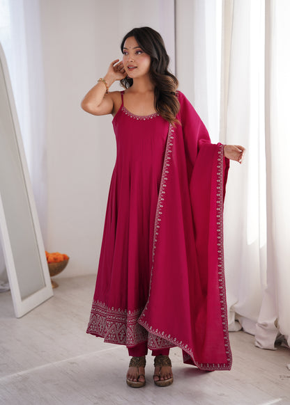 Pink Romansilk Chanderi Anarkali Suit for Women with Dupatta Set