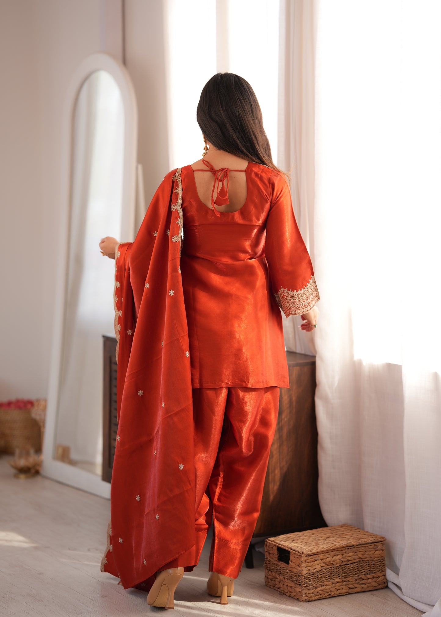 Rust Silk Party Wear Salwar Kameez Suit with Farshi Shalwar
