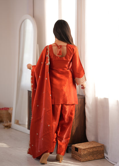 Rust Silk Party Wear Salwar Kameez Suit with Farshi Shalwar