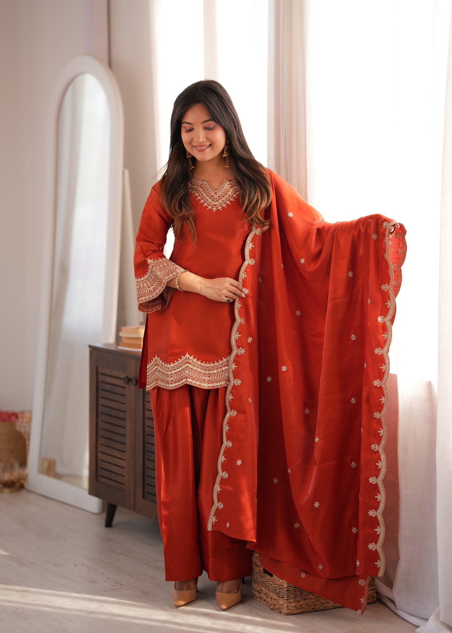 Rust Silk Party Wear Salwar Kameez Suit with Farshi Shalwar