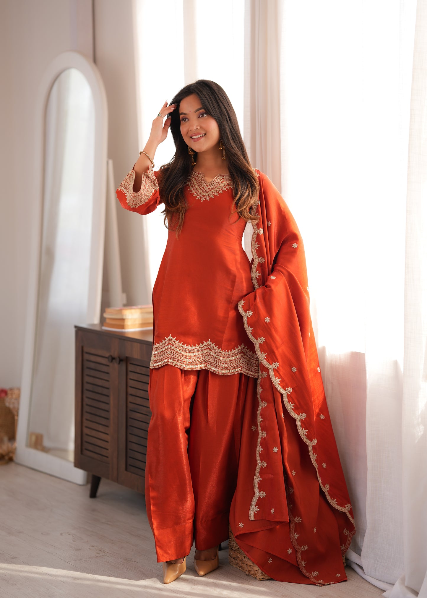 Rust Silk Party Wear Salwar Kameez Suit with Farshi Shalwar