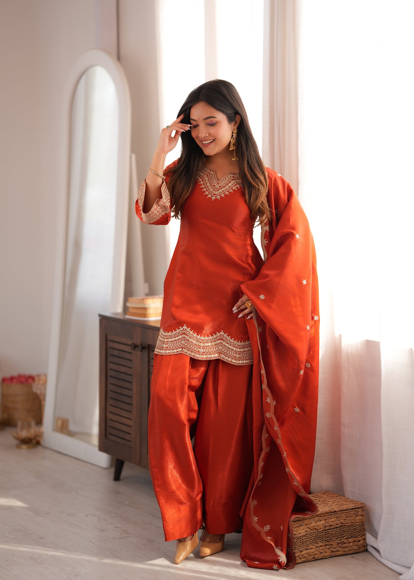 Rust Silk Party Wear Salwar Kameez Suit with Farshi Shalwar