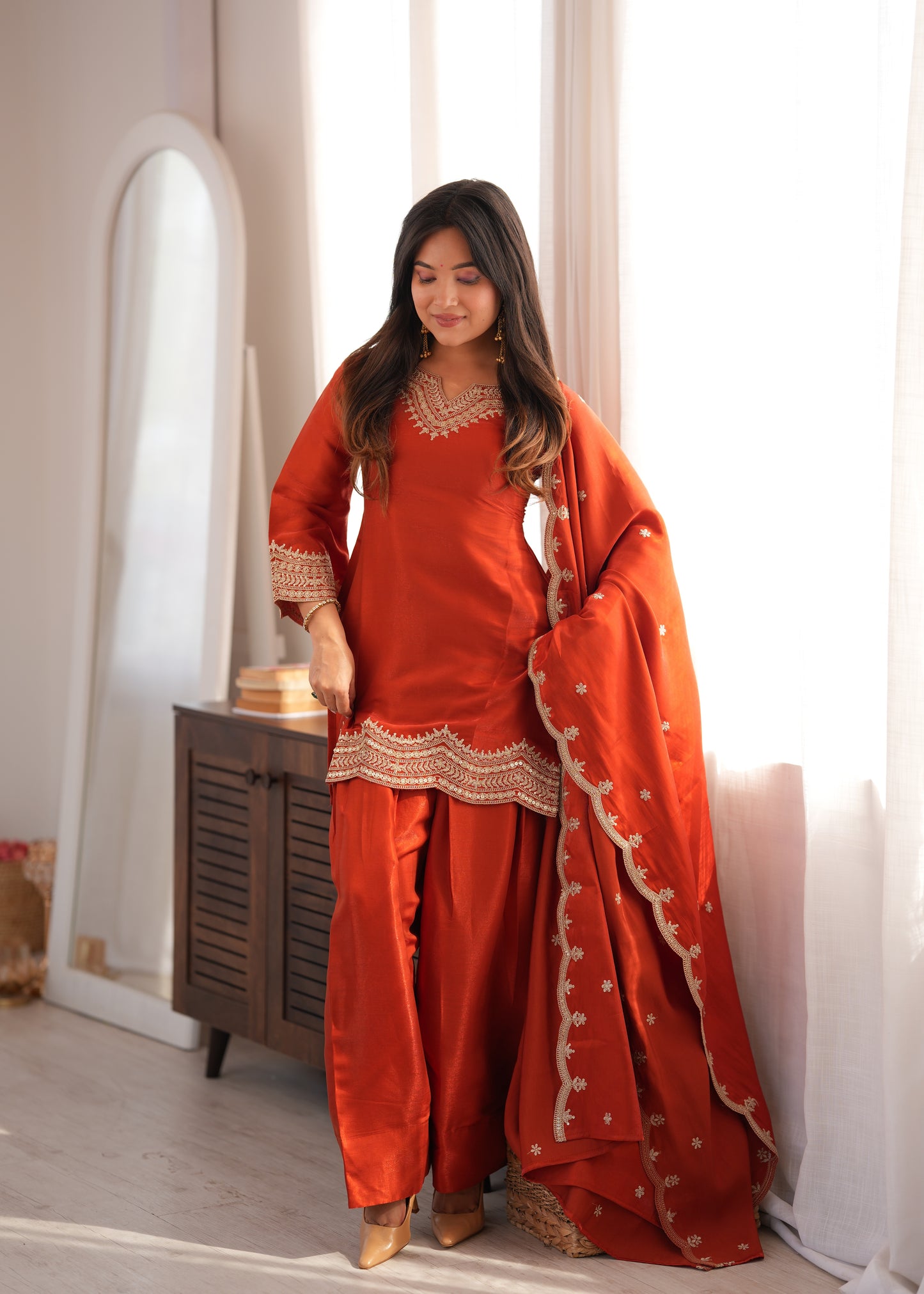 Rust Silk Party Wear Salwar Kameez Suit with Farshi Shalwar