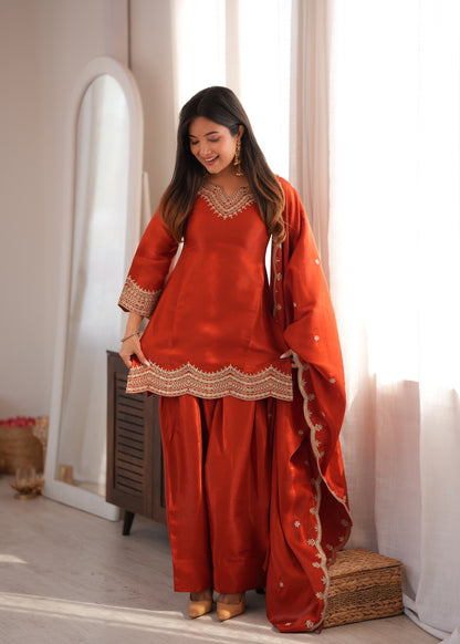 Rust Silk Party Wear Salwar Kameez Suit with Farshi Shalwar