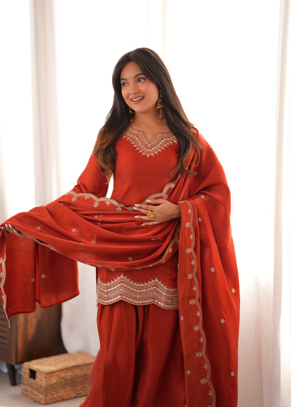 Rust Silk Party Wear Salwar Kameez Suit with Farshi Shalwar